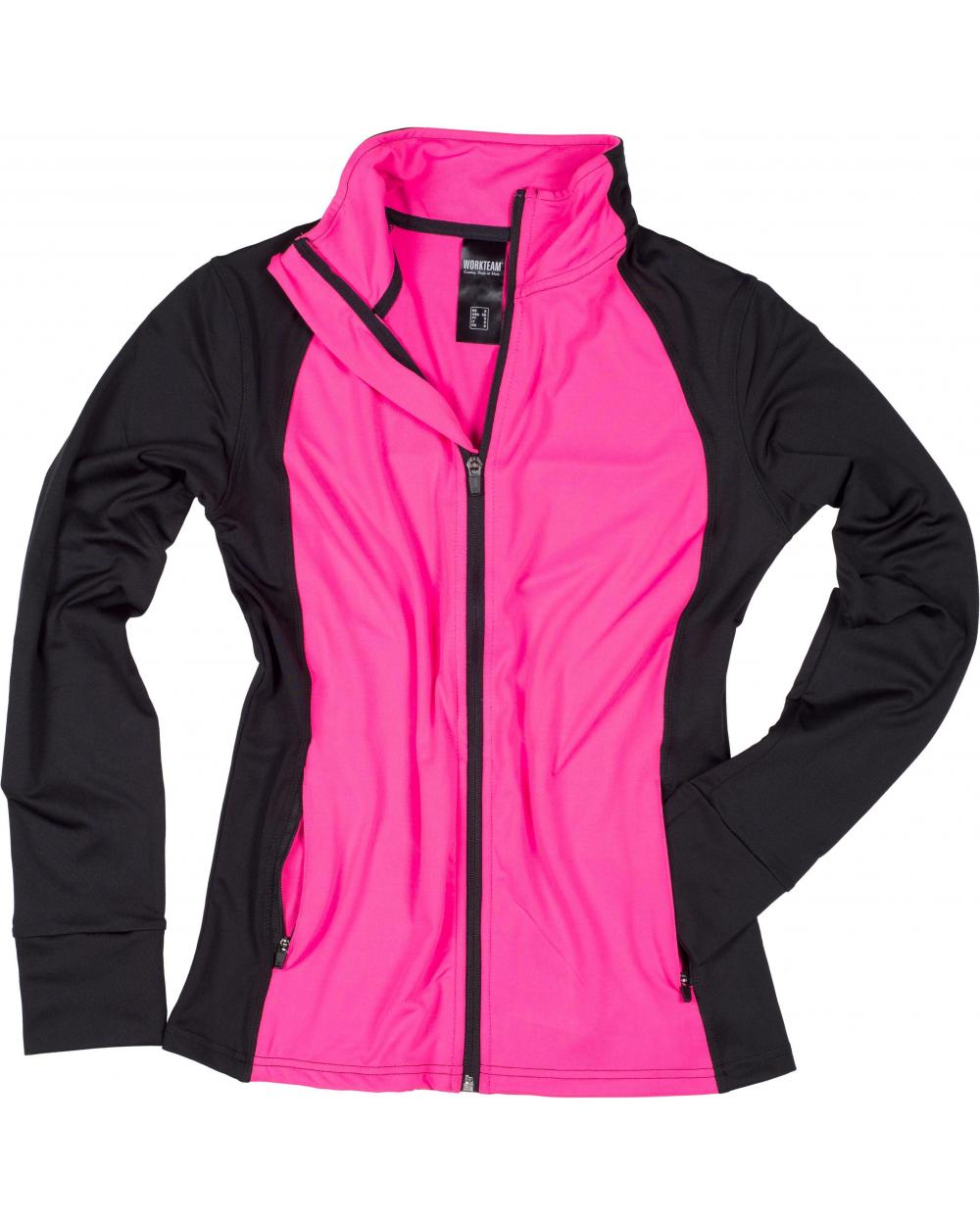 Comprar Chaqueta deportiva entallada para mujer S7550 Negro+Rosa Fluor workteam delante